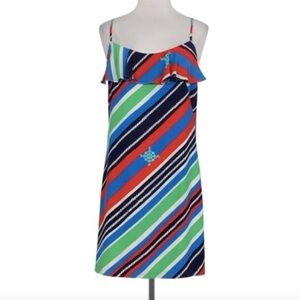 LILLY PULITZER Overboard Nautical Striped Silk Laya Dress Ruffles Size Large